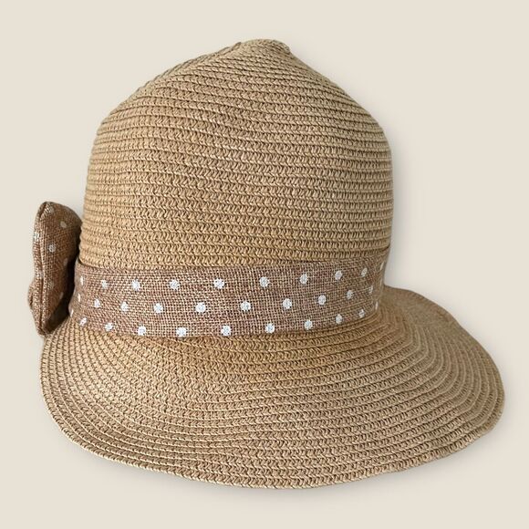 Cute Womens Fedora Straw Hat Clutch Bucket Polka Dot Bow Band Tan White Feminine - Picture 2 of 8